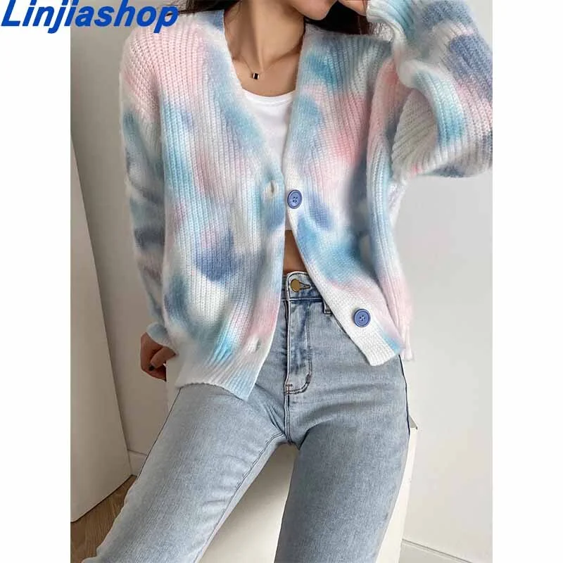 Fashion Women Clothing Cropped Cardigan Sweater Outwear Knitting Spring Autumn Rainbow Bohemia Print Female Tops