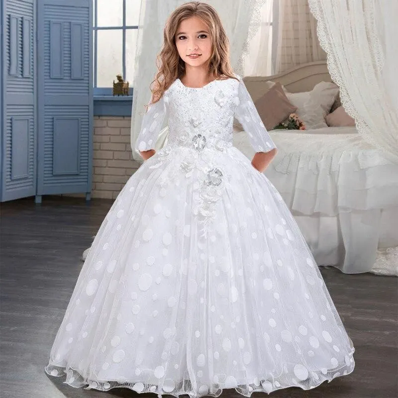 2021 Summer Long Sleeve Flower Girl Dress Elegant Kids Dresses For Girls Party And Wedding Bridesmaid Princess Dress 10 12 Years