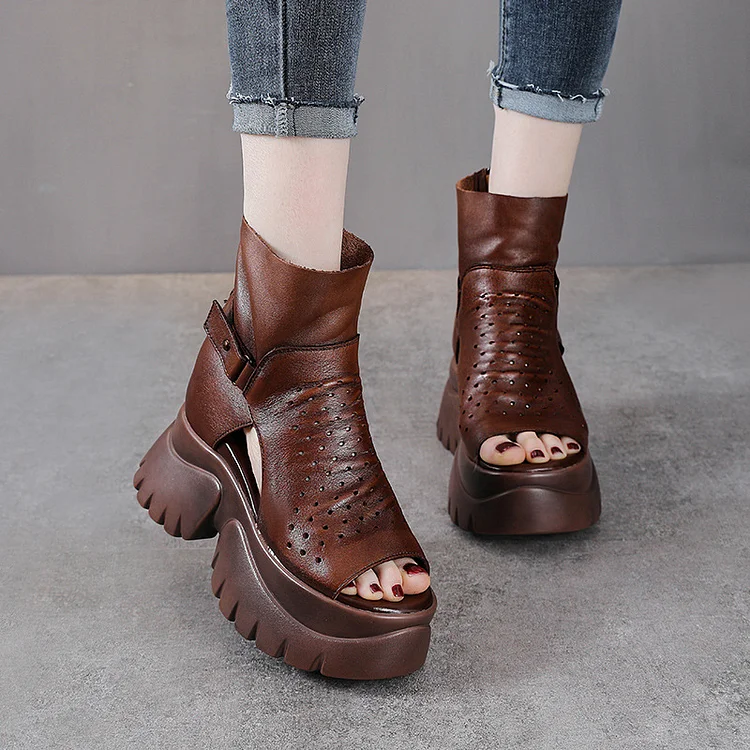 Retro Hollow Out Fish Mouth Thick Bottom Sandals