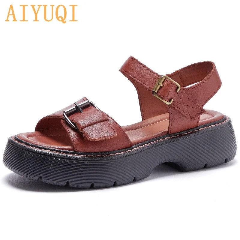 AIYUQI Women's Sandals Genuine Leather 2021 Summer New Thick-soled Roman Sandals Women Casual Flat Sandals Women