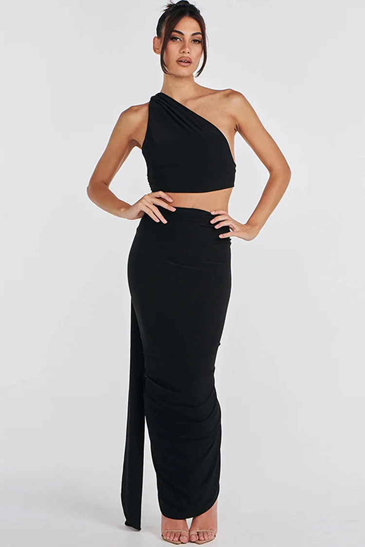 High Neck Sleeveless Sash Ring Decor Crop Top Ruched High Slit Maxi Skirt Bodycon Matching Sets