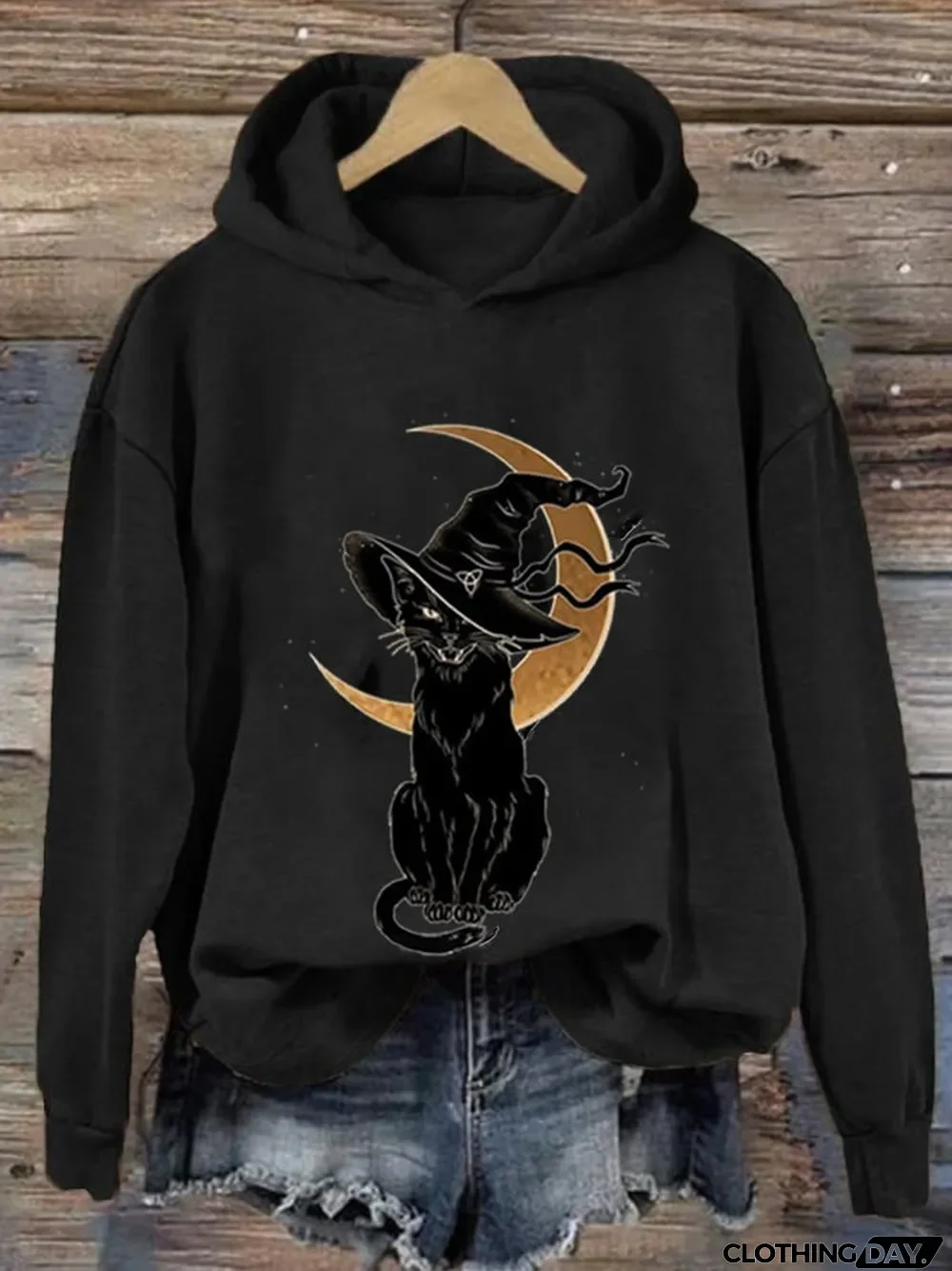 Women's Halloween Moon Cat Witch Print Casual Sweatshirt