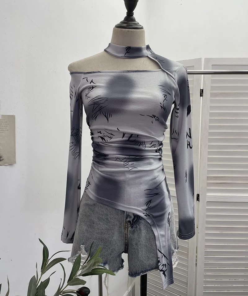 Churchf Long-Sleeved Irregular Design Small T-Shirt Women's Autumn Dress Print Hollow Tight Hottie Top 1108