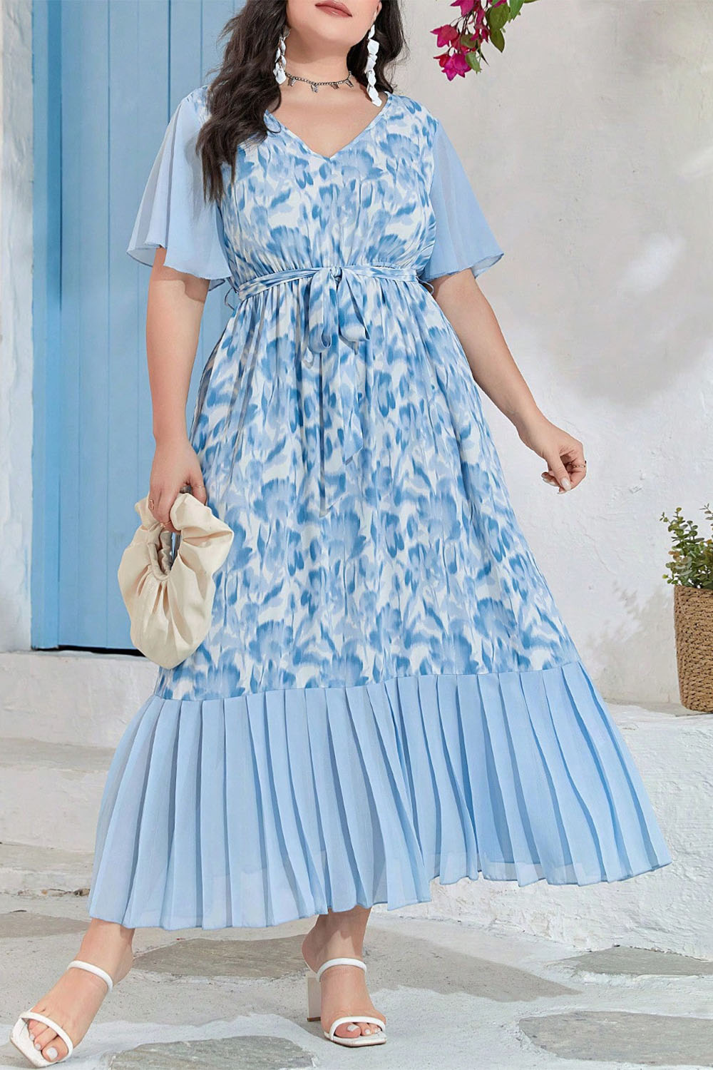 Plus Size Vacation Blue Floral Print Flutter Sleeve Pleated Maxi Dress 2024 - Flycurvy 