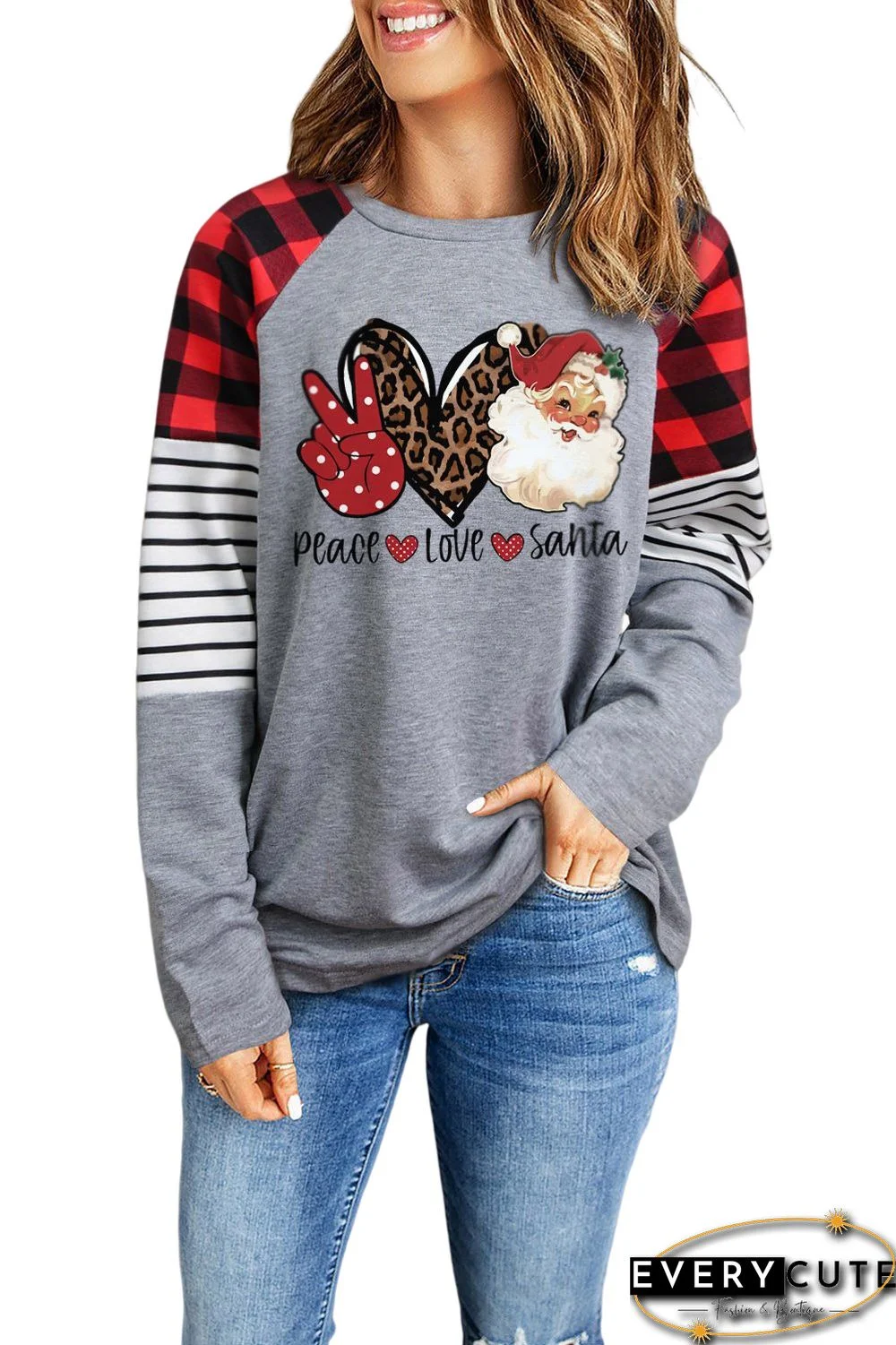 Gray Peace Love Santa Graphic Plaid & Stripe Sleeve Top