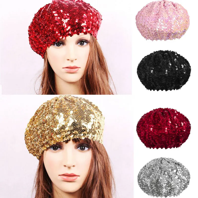 Women Glitter Beanie Cap Stretch Sequins Shining Beret Hat Party Club Dance Cap Chic Black Silver Red Gold Pink Sequin Beret Hat
