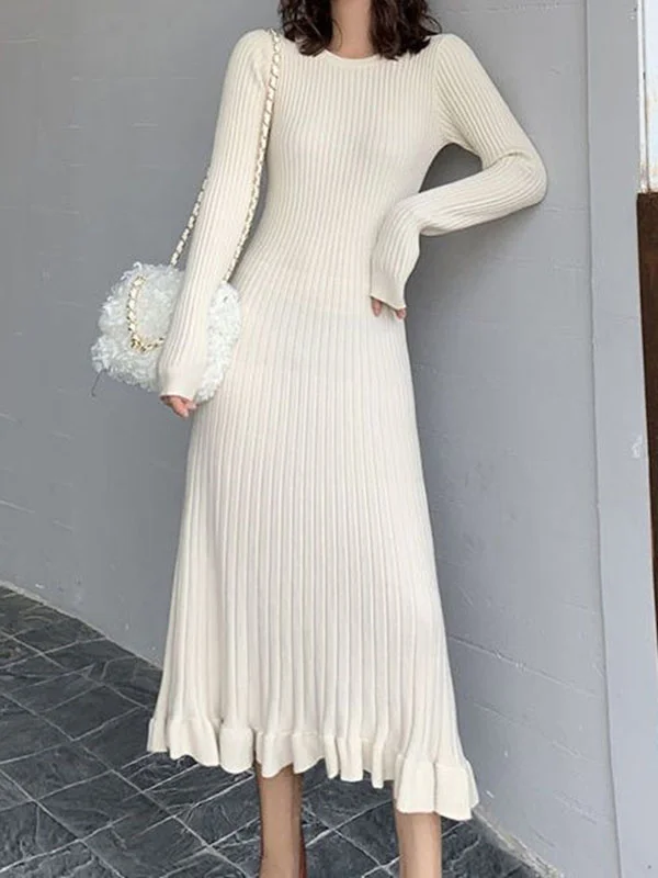 Long Sleeves Loose Ruffled Solid Color Round-Neck Midi Dresses Sweater Dresses