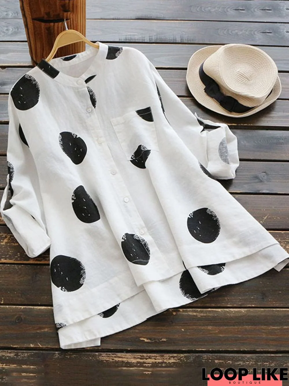 Woman Casual Polka Dot Cotton Top Long Sleeve Stand Collar Blouse