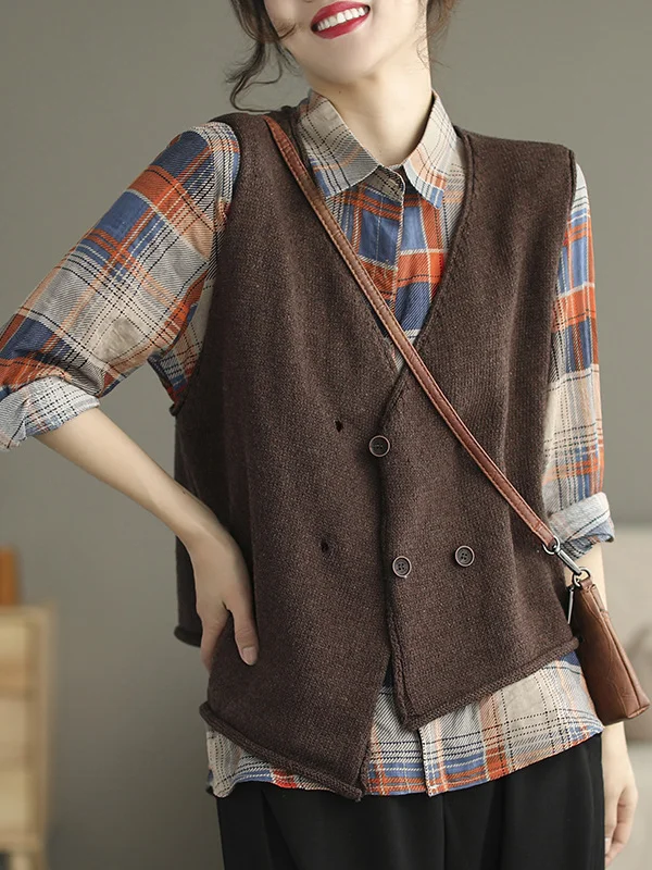 Vintage Knitting Solid Color Asymmetric Vest Outerwear