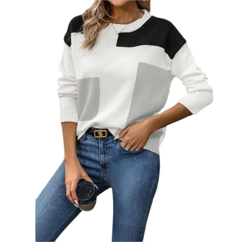 Nigikala Nigikala Shirt Splicing Colliding Color Sweater Loose Leisure Collar Collar Top Woman