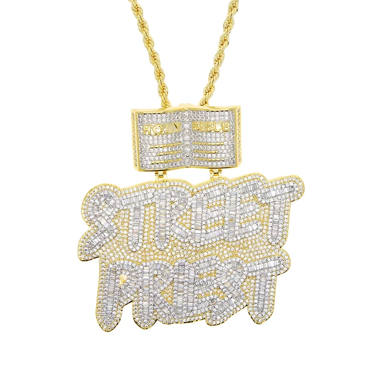 HipHop Inlaid  Cubic Zircon Street Priest Letters Pendant Ice Out Bling Rope Chain Jewelry-VESSFUL