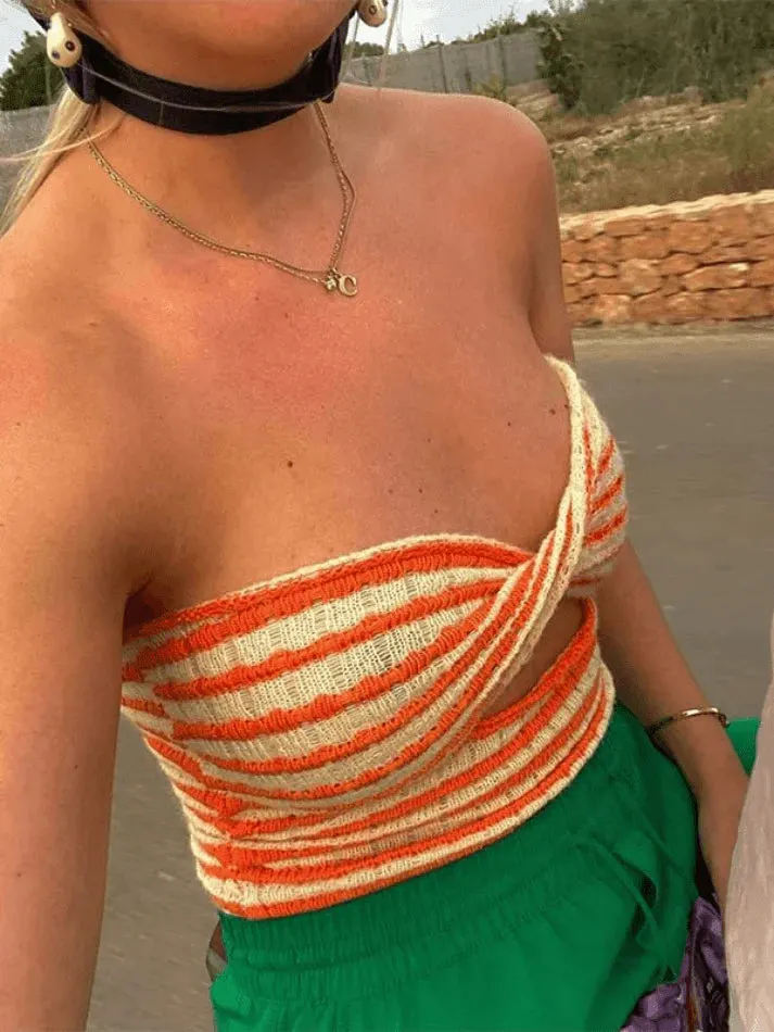Brownm Twist Cutout Striped Knit Crop Bandeau Top