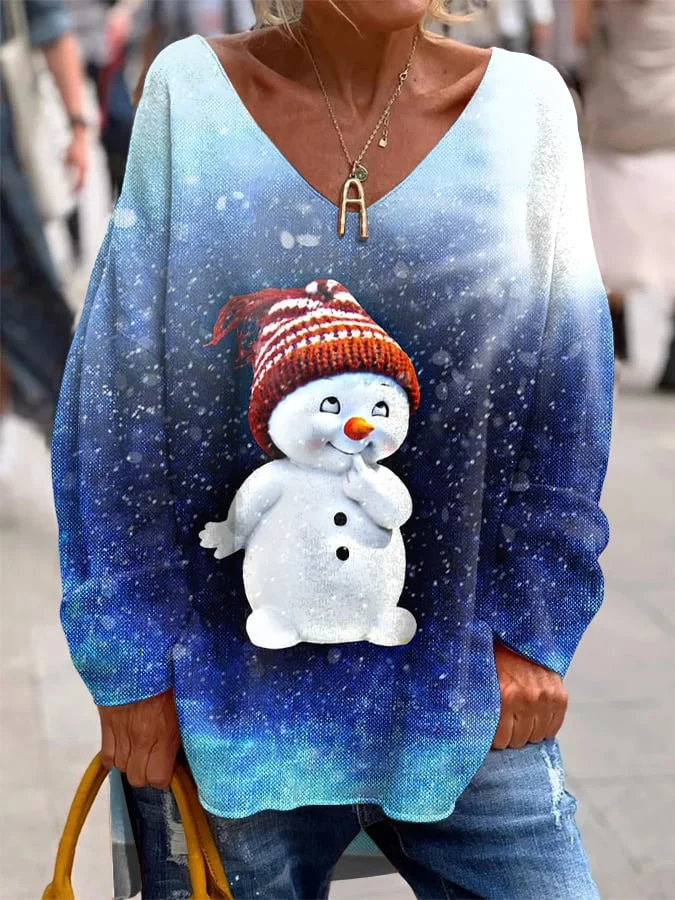 Women's Winter Snowman Print V Neck Long Sleeve Top