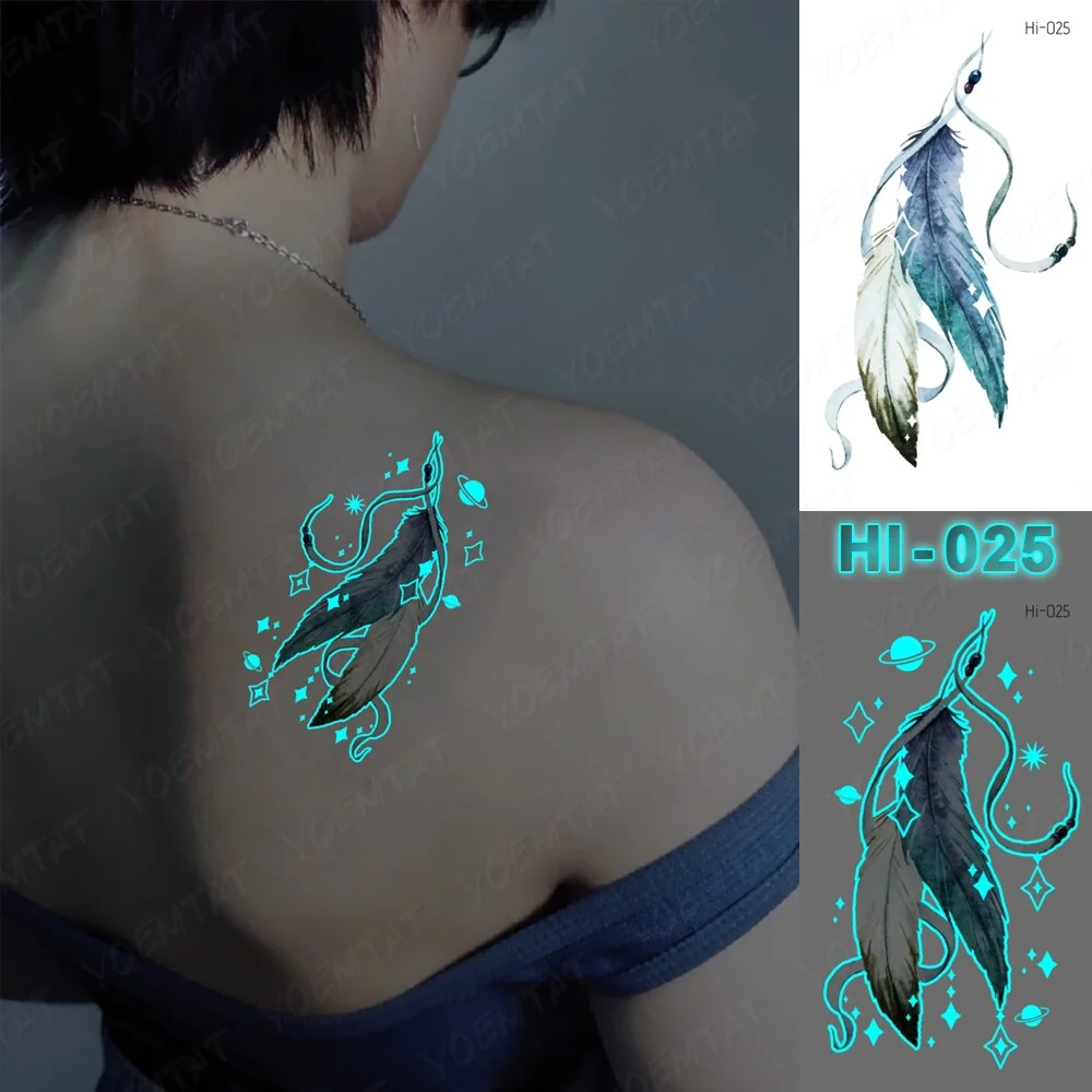 Sdrawing Luminous Glow Tattoo Sticker Pink Feather Waterproof Temporary Tatoo Butterfly Deer Wrist Fake Tatto For Body Art Women Men