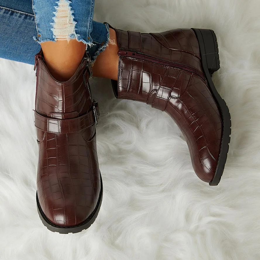 Women Trendy Bright Leather Zipper Buckle Ankle Boots