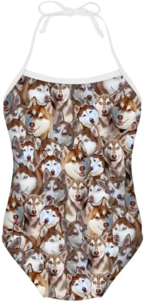 Huskies Print One-Piece Swimsuit Funny Swimwear Adjustable Bathing Suit Bikini for Little Girls