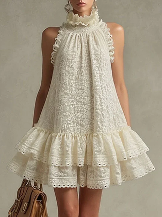 【24-hour shipping out】Vacation Retro Beige Lace Sleeveless Ruffled Mini Dress
