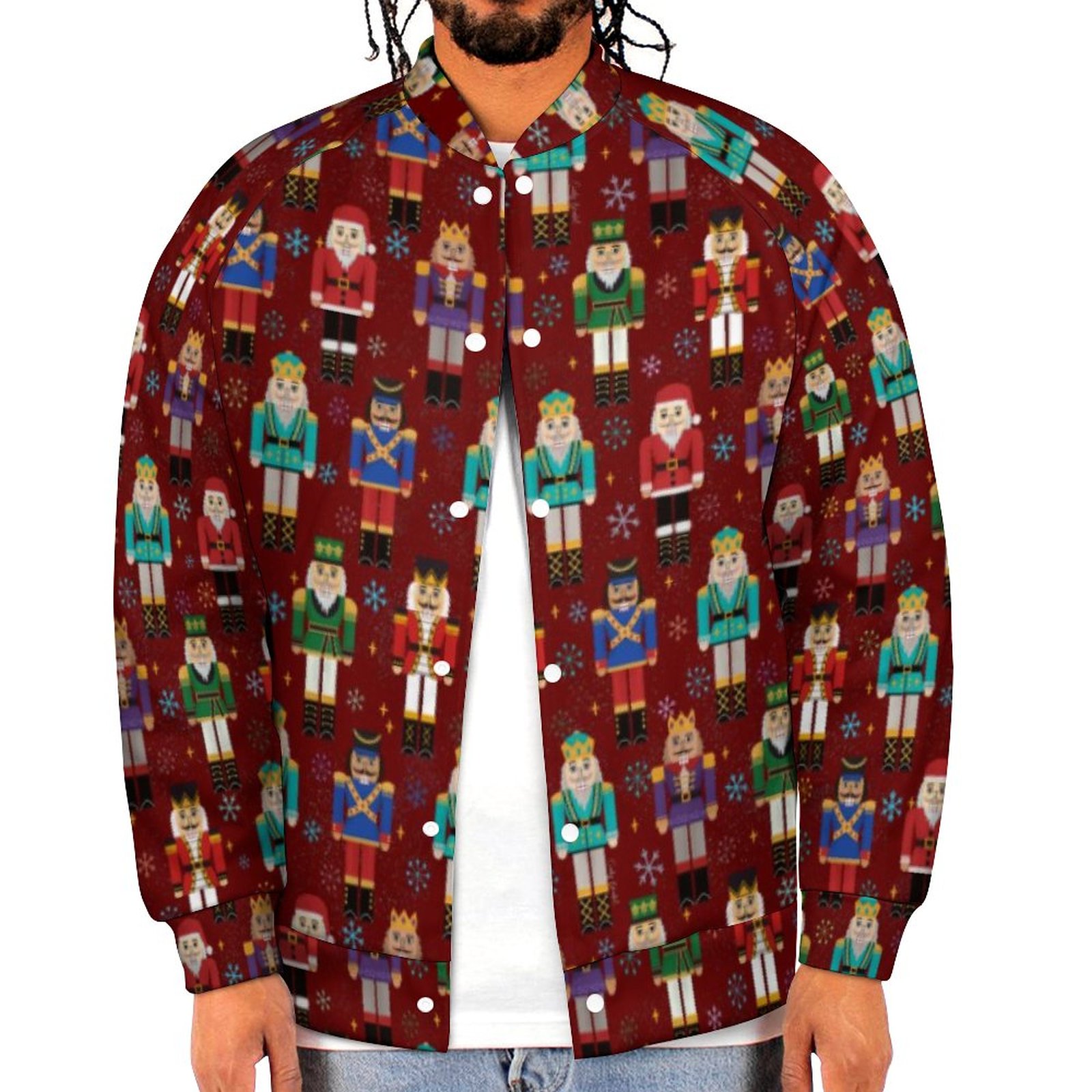 Christmas Nutcracker Toy Soldier Pattern Sweatshirt Jacket Men Casual Lightweight Button Up Bomber Jacket Outwear