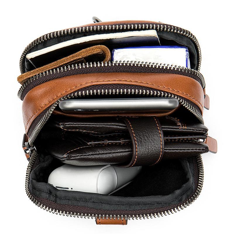 Men's Leather Belt Bag Retro Double Zipper Phone Bag