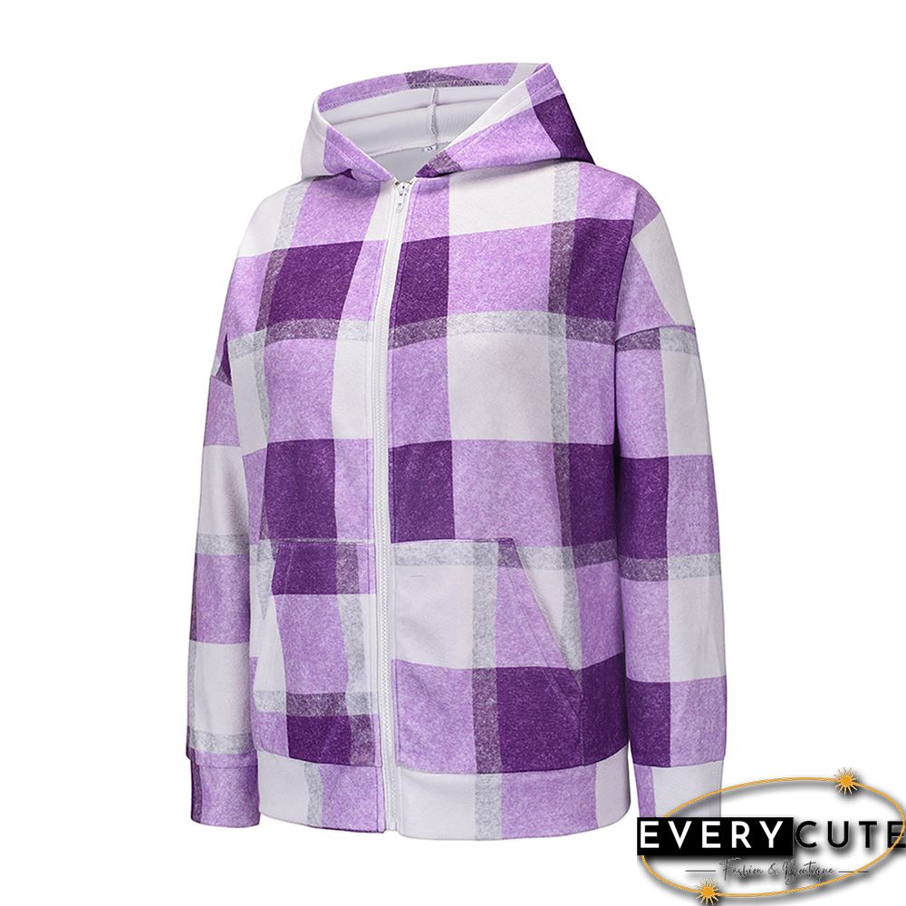 Purple Plaid Print Zipper Hooded Warm Coat