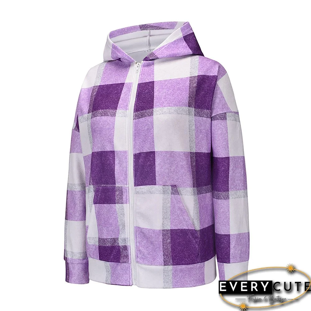 Purple Plaid Print Zipper Hooded Warm Coat