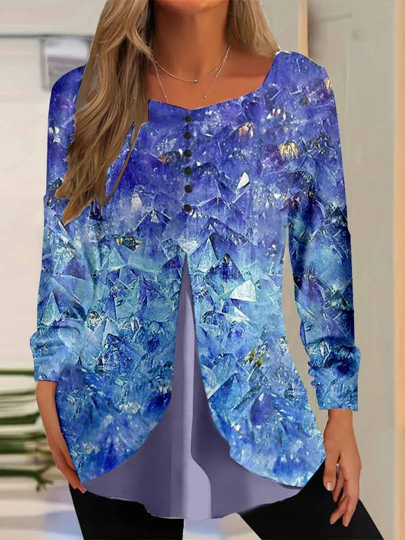 Women Graphic,Blue DZGG8378 Long Sleeve Scoop Neck Printed Graphic Button Fake 2in1 Tops