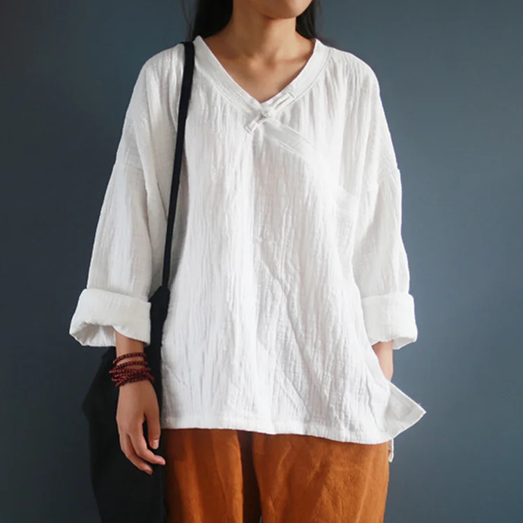 Vintage Plain V Neck Linen Cotton Casual Shirt