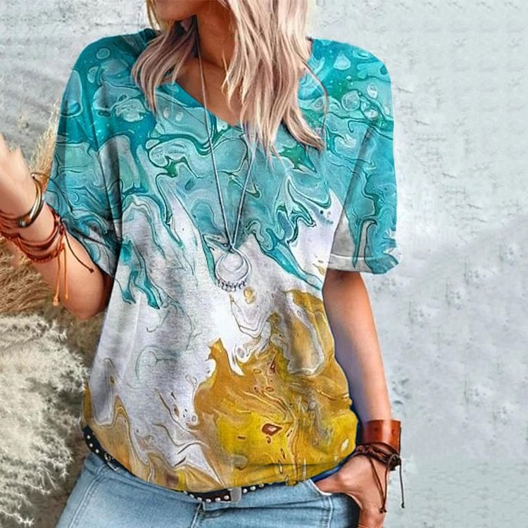 Artwishers Casual V Neck Abstract Print Short Sleeve T-Shirt