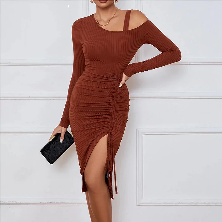 Drawstring Slit Off Shoulder Bag Hip Sexy Irregular Sweater Dress