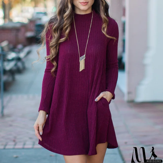 MidiSono - Women'S Long Sleeve Large Size Pocket Dress