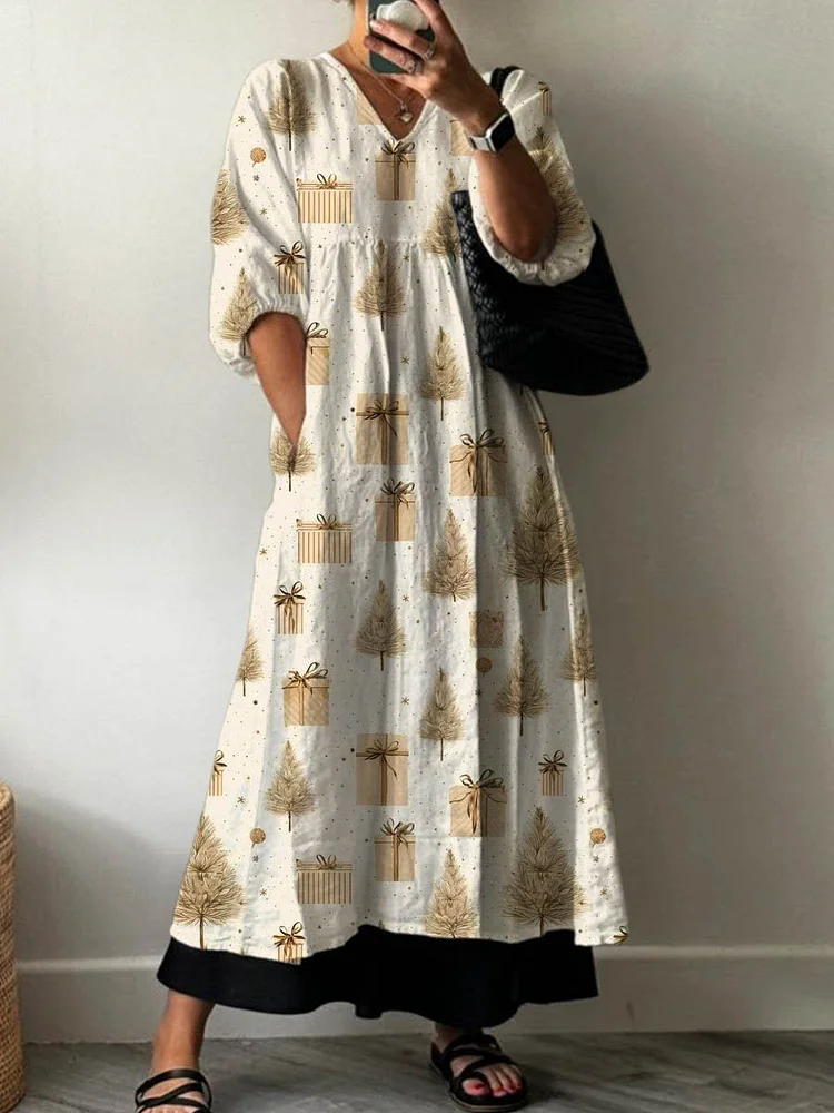 Women's Lovely Christmas Pattern Art Print Pocket V-neck Cotton Dress