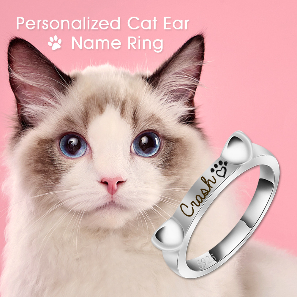 Loveyoufancy 925 Cat Ears Custom Engraved Ring 