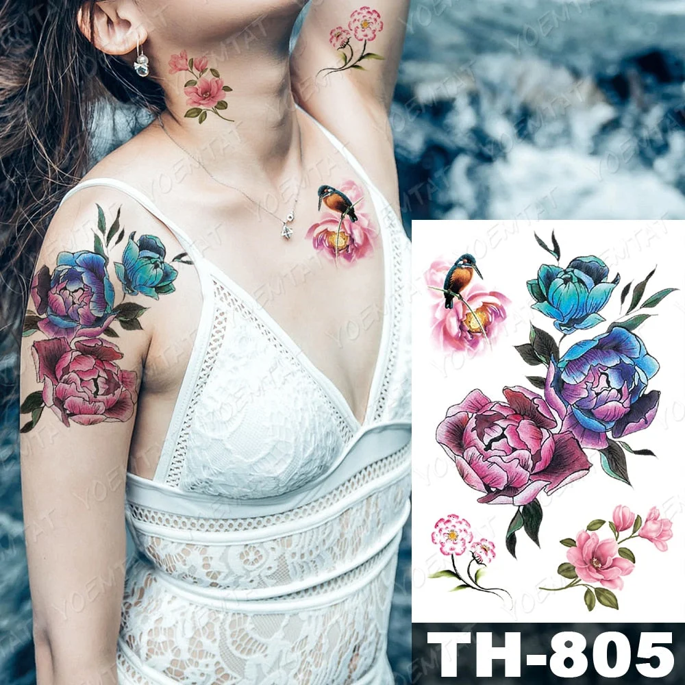 Waterproof Temporary Tattoo Sticker Bird Peony Flowers Tattoos Cherry Blossom Rose Body Art Arm Fake Tatoo Women Men