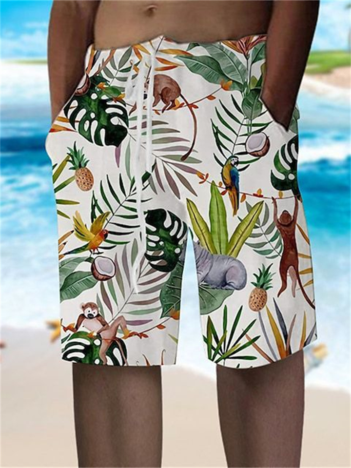 Men's Beach Drawstring Casual Shorts Leaf Print S M L XL 2XL 3XL 4XL 5XL