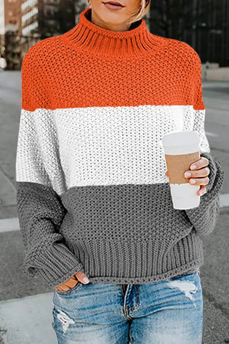 Colorblock Mixed Knit High Neck Sweater