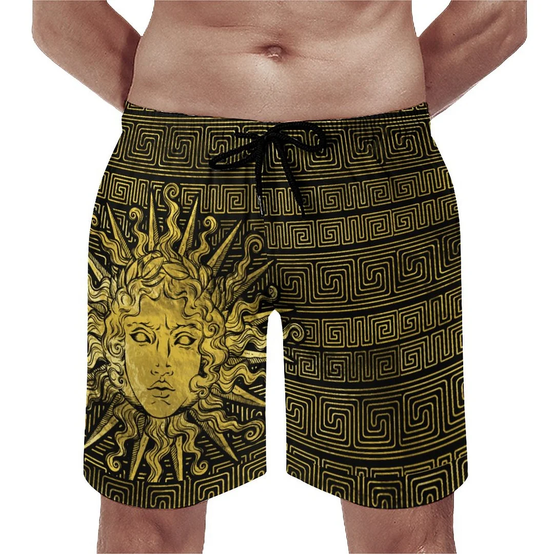 Apollo Sun Symbol On Greek Key Men's Swim Trunks Summer Board Shorts Quick Dry Beach Short with Pockets