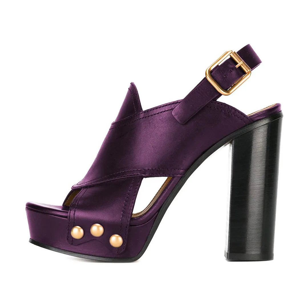 Purple Open Toe Cutout Studded Platform Slingback Block Heel Sandals