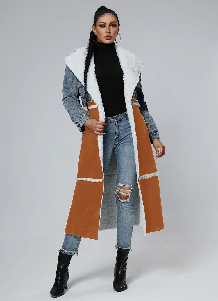 Winter Stitching Fur & Denim Coat Long Outerwear