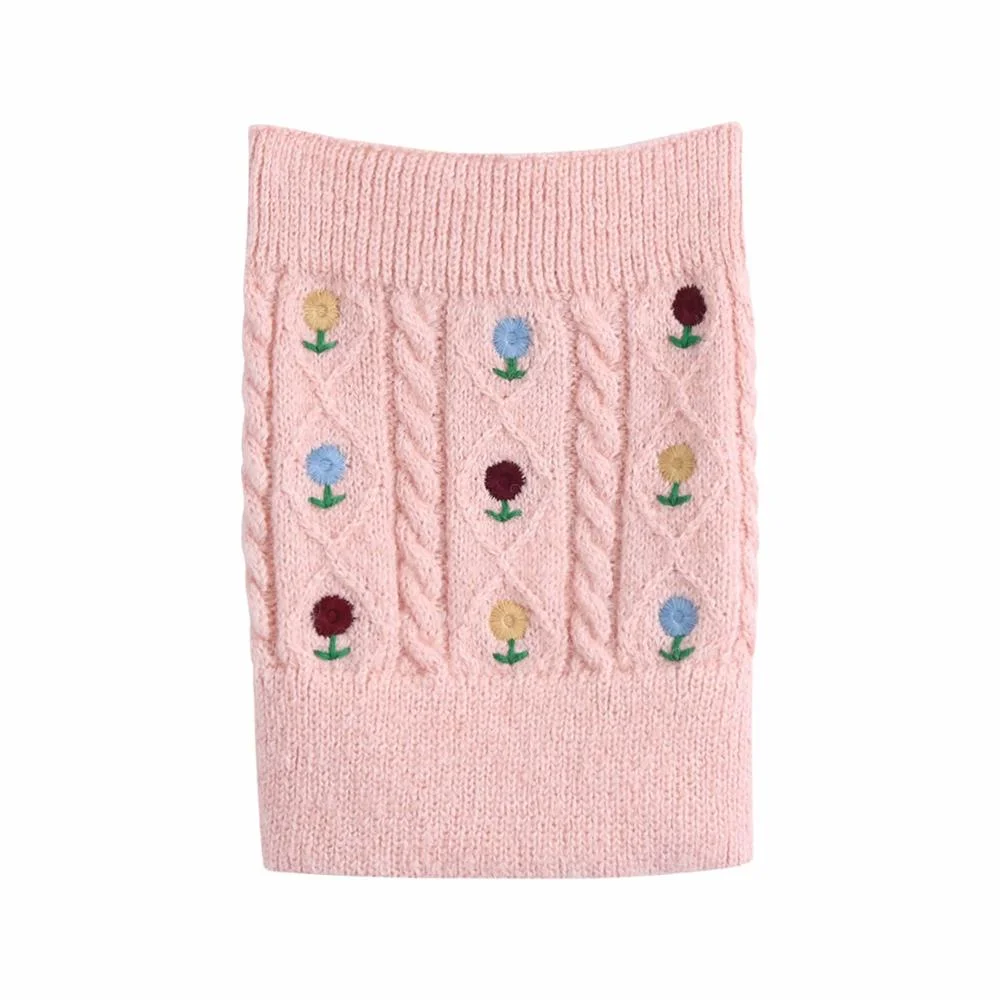 Sweet Floral Embroidery Woman Sweaters Arm Warmers Knitted Pink Sweaters Vintage Long Sleeve Female Outerwear Chic Tops