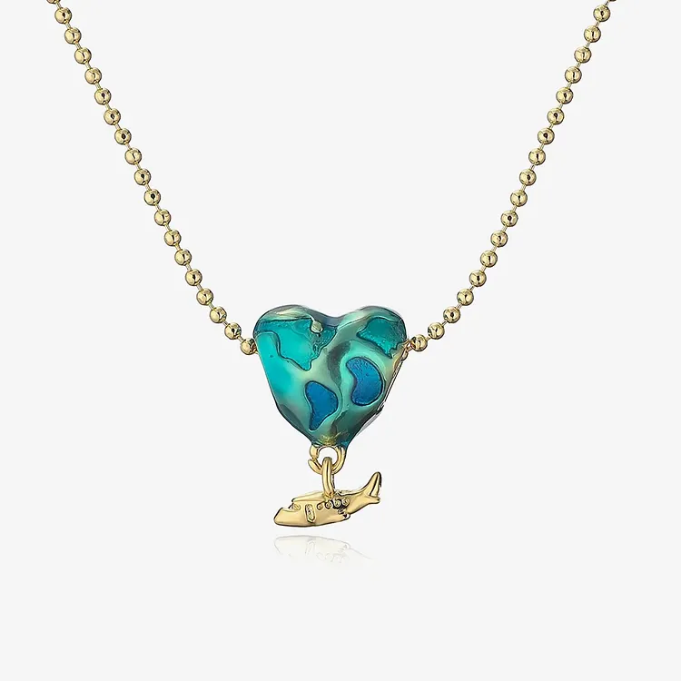 Graduation Gift - Determine Your Direction Airplane & Blue Heart Glaze Dripping Necklace