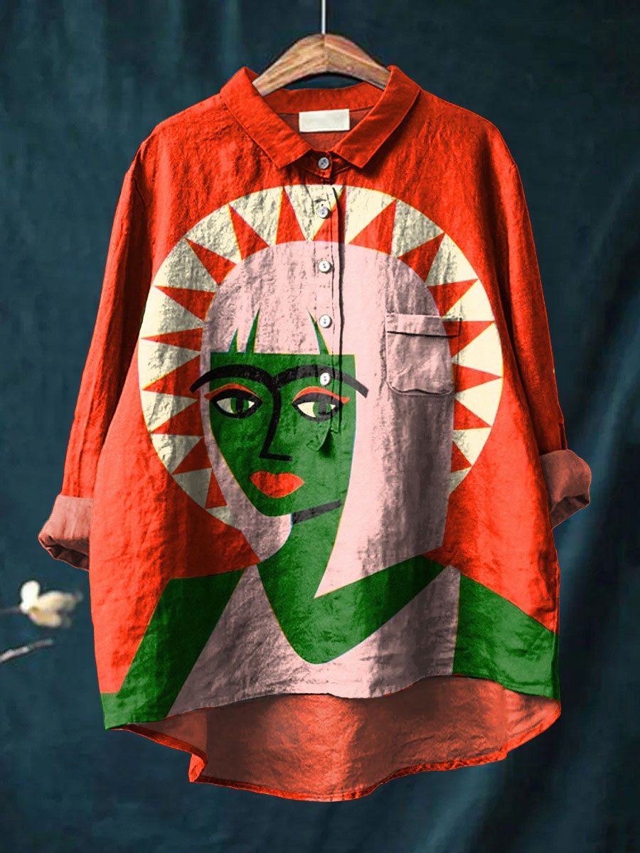 Green Witch Art Printed Women's Casual Cotton And Linen Shirt