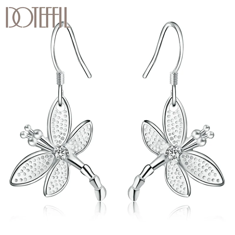 DOTEFFIL 925 Sterling Silver AAA Zircon Dragonfly Earrings Fashion Woman Jewelry