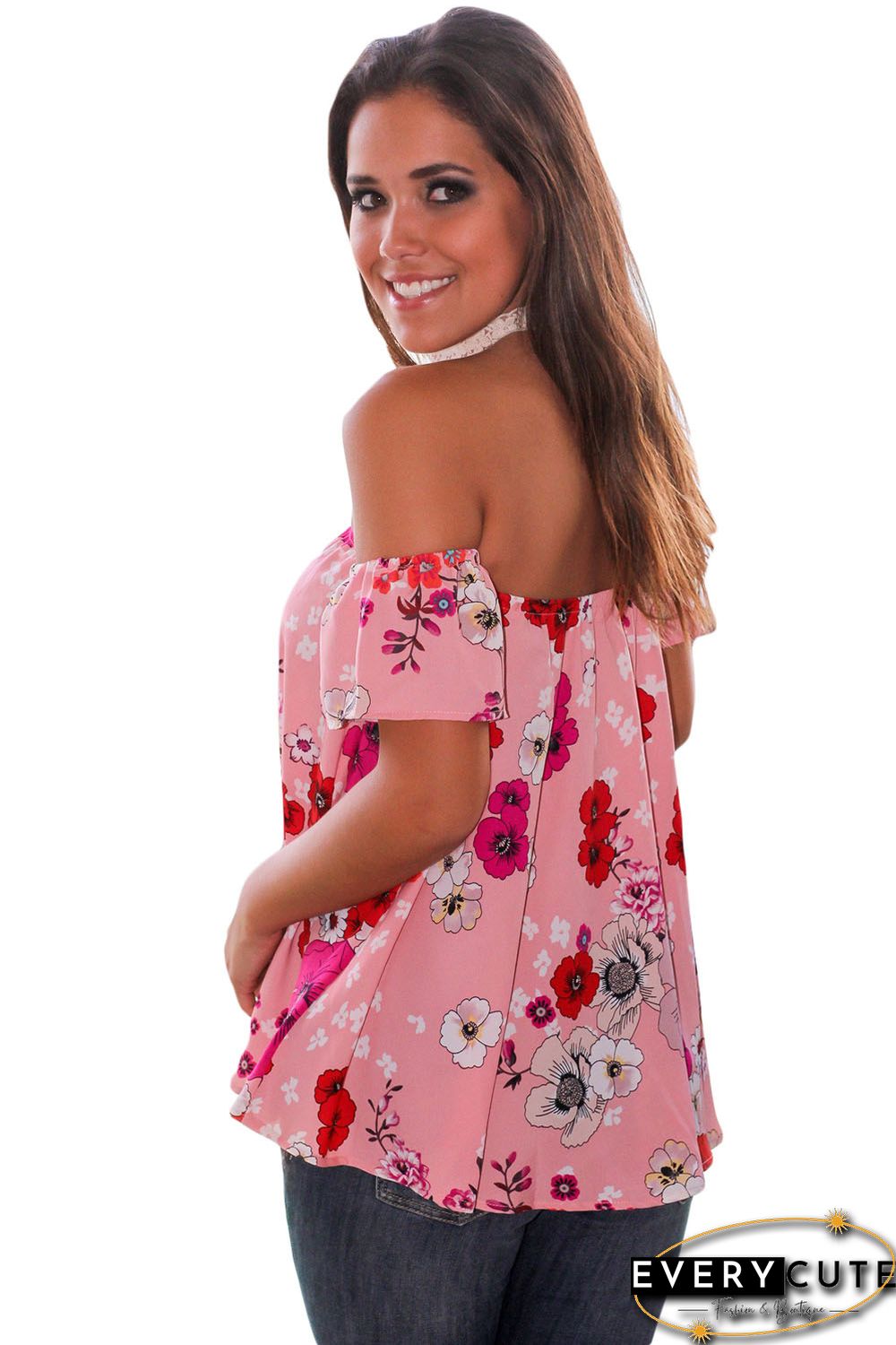 Pink Red Floral Off Shoulder Blouse