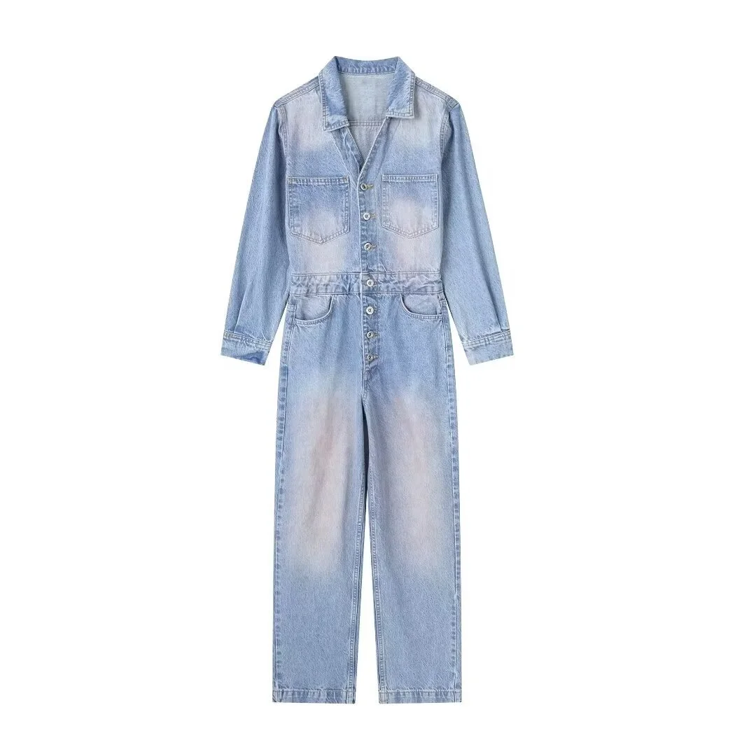 Women's Casual Denim Jumpsuit Overall Straight Pant