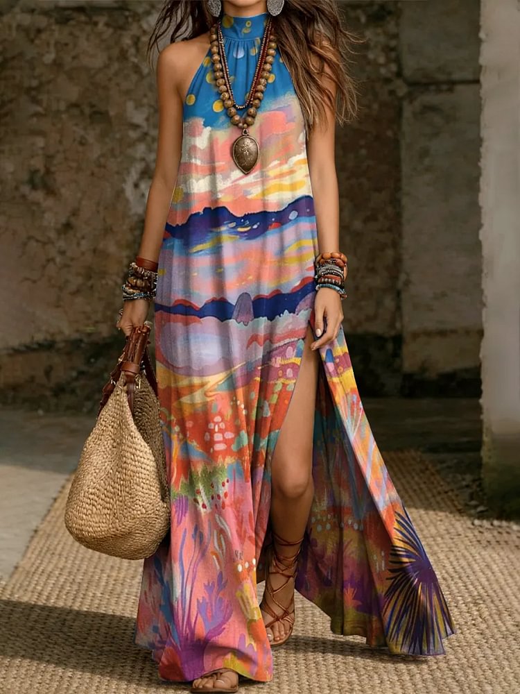 Women's Vintage Art Print Sleeveless Stand-collar Maxi Dress