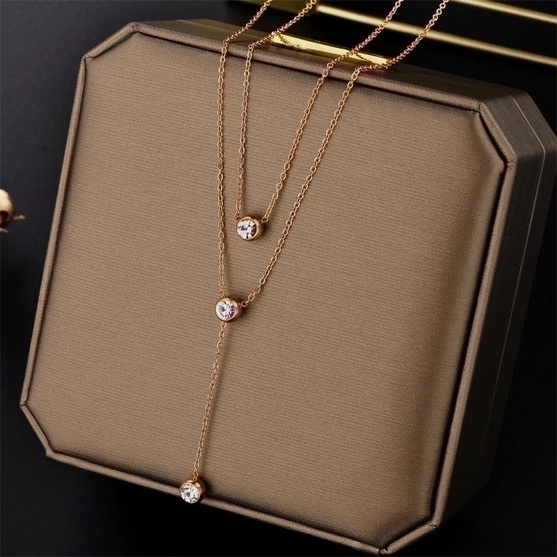 Casual Minimalist Round Titanium Steel Zircon Inlay Double Layer Necklaces