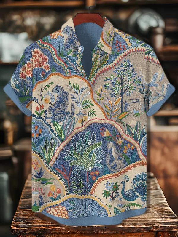 Men's Retro Pattern Tiger Splicing Art Print Casual Shirt