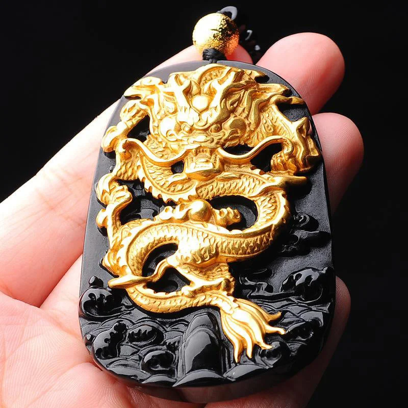 18k Gold-plated Dragon Obsidian Lucky Pendant Necklace