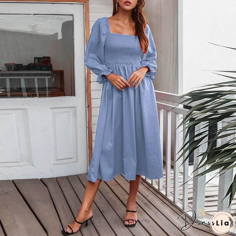 Autumn Square Collar Casual Long Dress Women Long Sleeve Pleated Red Maxi Dresses Elegant Female Bust Elastic Vestidos Rob