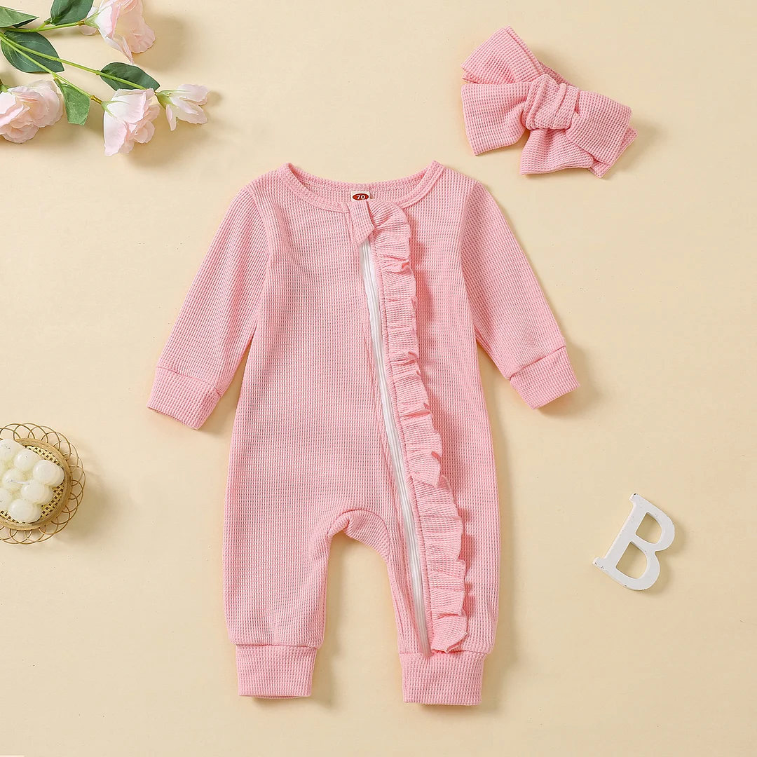 2PCS Solid Color Long Sleeve Ruffle Zipper Baby Jumpsuit